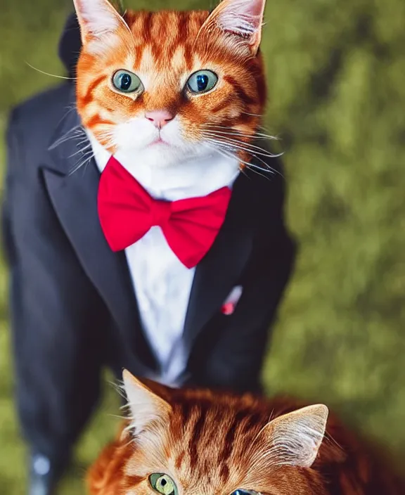 Image similar to award winning photography of a cute ginger cat wearing a smart black suit and a red bowtie