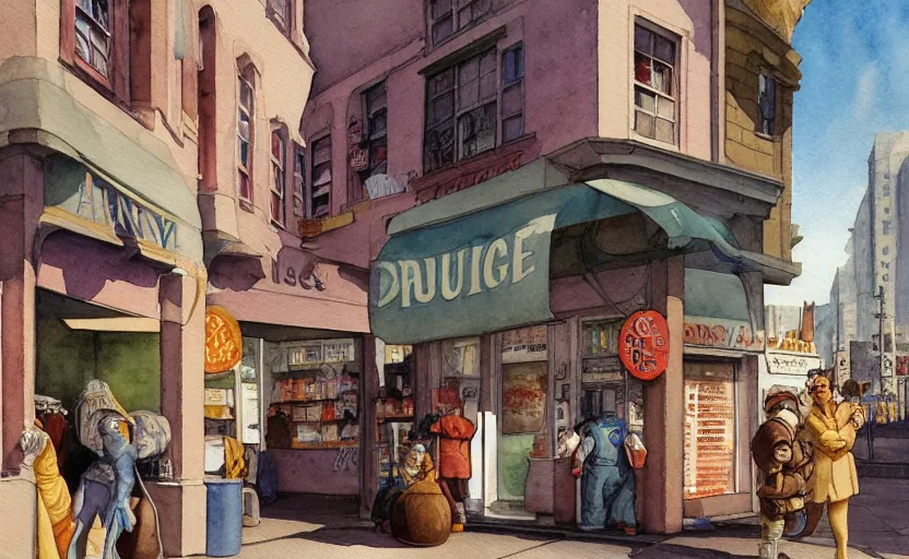 Prompt: drugstore, colorful watercolor. by rembrant, battle angel alita, ralph mcquarrie, aluminum, 1 6 6 7