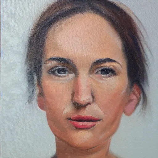 Prompt: portrait close-up face centre oil on canvas of Mireia Gràcia Distribució