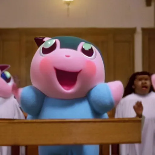 Image similar to film still of jigglypuff singing in a worship choir at a baptist church from the movie pokemon