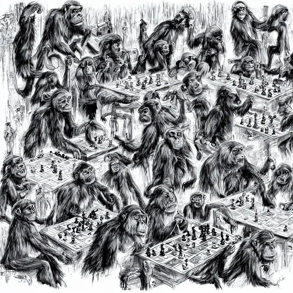 Image similar to Apes and monkeys playing Chess against Evil Shadow Creatures wearing tuxedos. Ballpoint pen art.