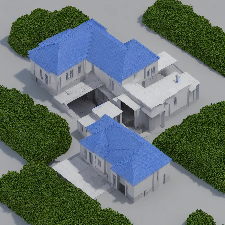 Prompt: architectural model, isometric view, 3 d render, studio lighting, high contrast, highly detailed, single building, house, courtyard, tree, blue