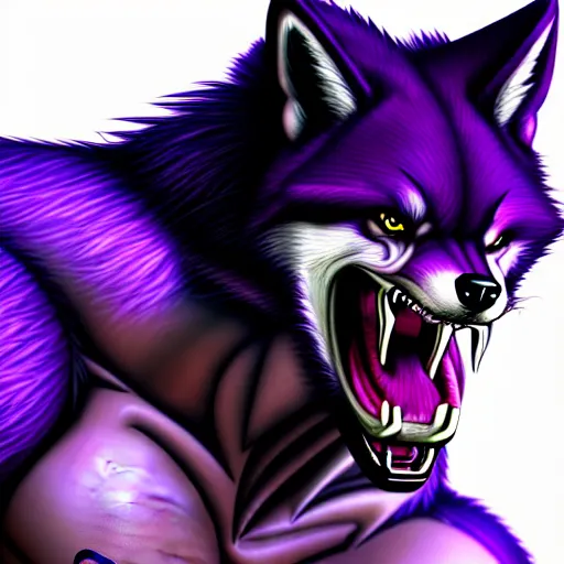 Prompt: anthropomorphic muscular purple wolf, generic furry style, wearing jeans, deviant art, professional furry drawing, insanely detailed, artistic design, hyper detailed wolf - like face, doing a pose from jojo's bizarre adventure, detailed veiny muscles, exaggerated features, beautiful shading, dramatic lighting, huge spikey teeth