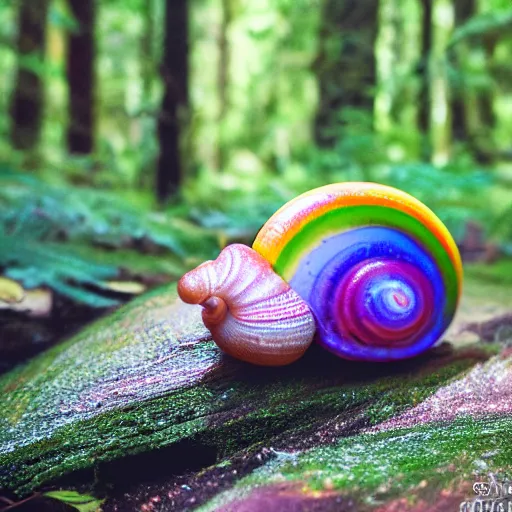 Prompt: a rainbow snail in a forest in washington state, photography, 5 0 mm, nikon