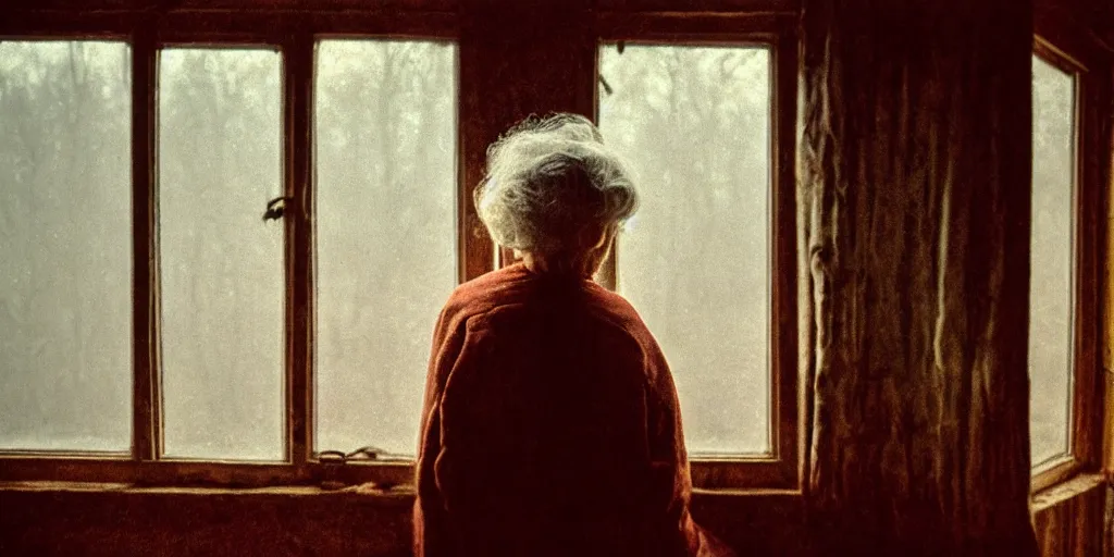 Image similar to portrait bust of old woman, looking outside, tired expression, faded color film, russian cinema, tarkovsky, kodachrome, inside old cabin, next to window, heavy forest outside, long brown hair, old clothing, heavy fog, brown color palette, sunset, low light, hudson river school, 4 k, dramatic lighting, greg rutkowski