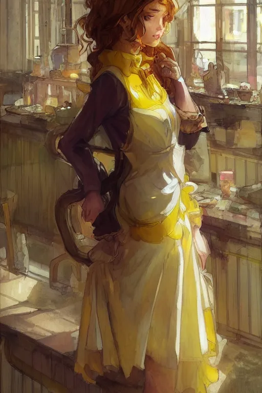 Prompt: A girl in a maid's outfit in a cafe a afternoon, wavy hair yellow theme,S line,45 angel by krenz cushart and mucha and slop and greg rutkowski