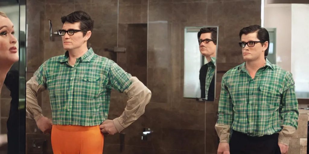 Prompt: ultra wide angle photo of megan kelly dressed in a green flannel shirt and black dress pants as clark kent looking at himself in a bathroom mirror and seeing his reflection dressed as an orange skinned oompa loompa