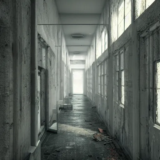 Image similar to a bloody hallway in an abandoned hospital, au naturel, hyper detailed, digital art, trending in artstation, cinematic lighting, studio quality, smooth render, unreal engine 5 rendered, octane rendered, art style by klimt and nixeu and ian sprigger and wlop and krenz cushart