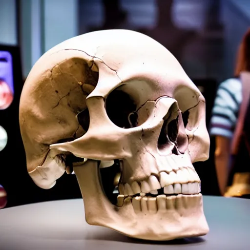 Prompt: Human skull in a museum with robotic tourists looking at it, alien language, science fiction