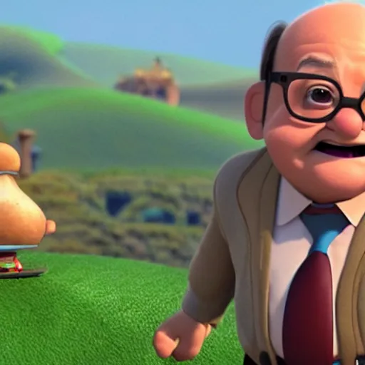 Prompt: a screenshot of Danny Devito as a 3D render animated Disney pixar animation character in Up (2009)