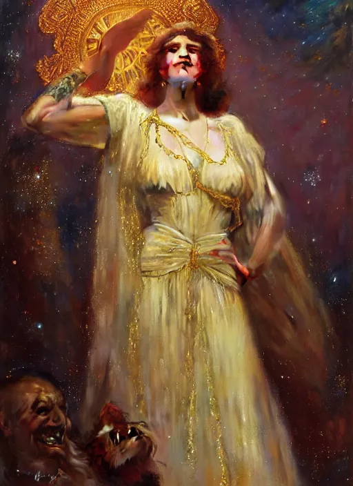 Image similar to billy hill, god of starlight, modest flowing gown, smug expression, highly detailed painting by gaston bussiere, craig mullins, j. c. leyendecker 8 k, sparkling nebula