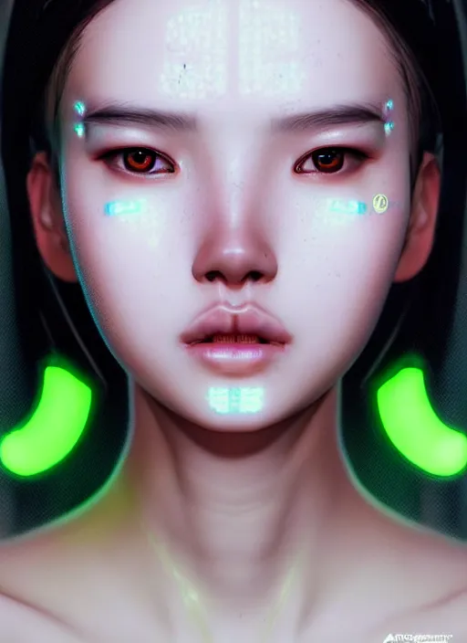 Image similar to photorealistic portrait of oriental female humanoid with freckle cheeks, cyber neon lightings, highly detailed, cyberpunk high fashion, elegant, crispy quality, trending in artstation, trending in pinterest, glamor pose, no signature, no watermark, cinematic, octane render, art by artgerm, art by greg rutkowski, art by pascal blanche