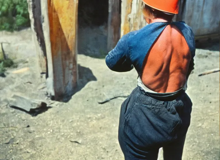 Image similar to 90's professional color photograph, A Muscular miner woman, view from behind.