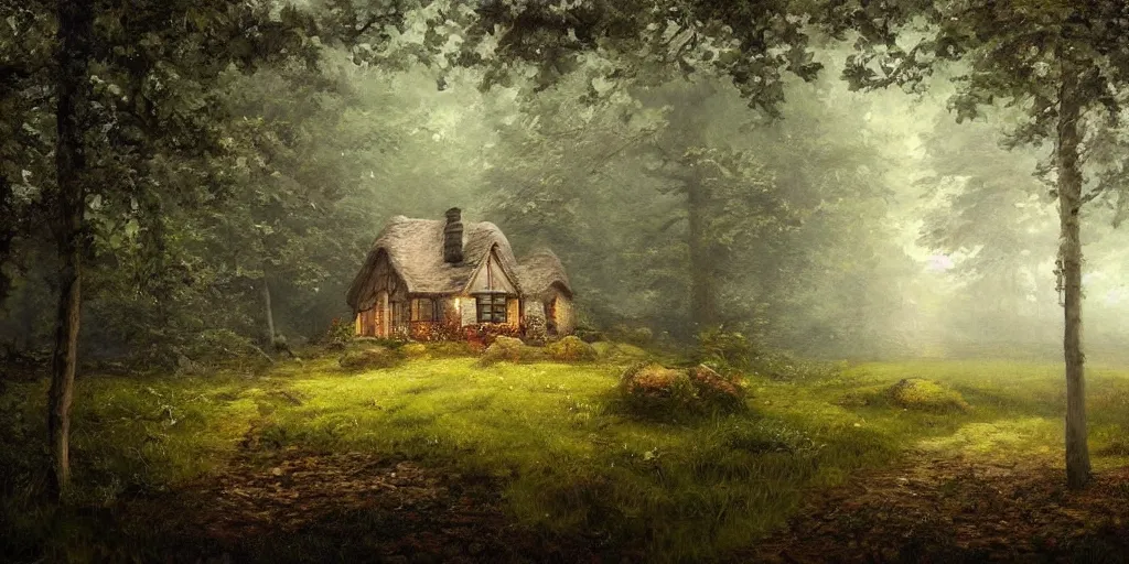 Image similar to a painting of a cottage in the woods and empty woods, 8k, fantasy, hyper realistic, atmospheric, cinematic