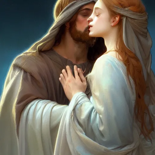 Image similar to jesus kissing a maria maddalena, elegant, highly detailed, digital painting, artstation, concept art, matte, sharp focus, illustration, art by artgerm and greg rutkowski and alphonse mucha, large shot