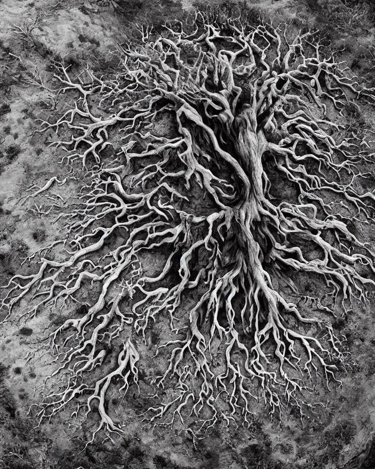 Prompt: A giant mythical wretched tree made of human flesh, limbs and bones growing on corpses in the middle of a desert canyon. Bird view. Inspired by Gustave Doré.