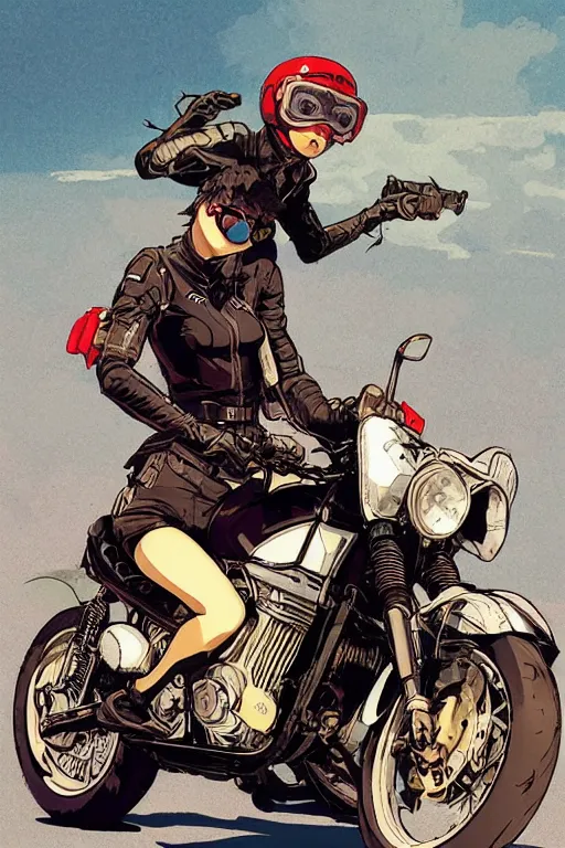 Image similar to black woman with goggles riding motorbike, ilya kuvshinov, jamie hewlett, yoji shinkawa, muted colors, beautiful detailed illustration, 17th century oil painting, flat colors, studio ghibli, cel shading,