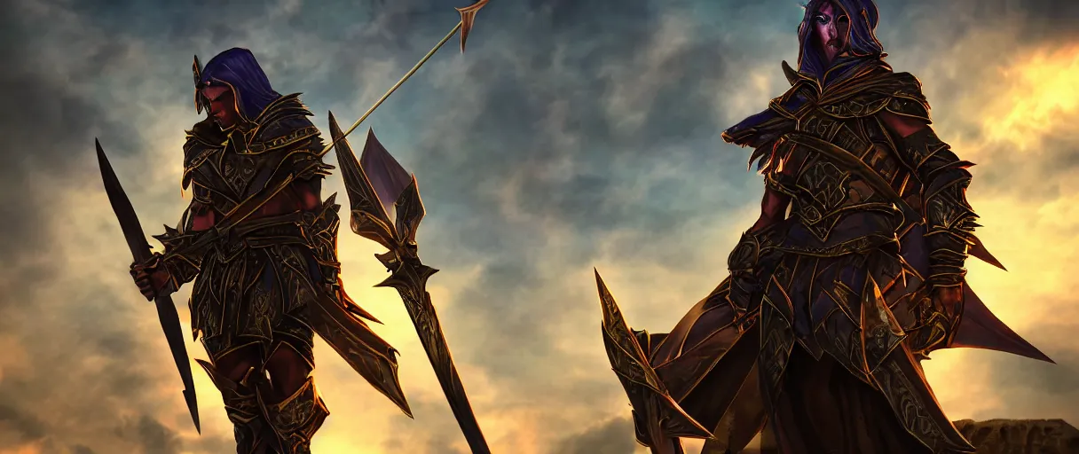 Prompt: a armored night elf hunter casting magic arrows sword lord dramatic lighting cinematic establishing shot extremely high detail foto realistic cinematic lighting post processed