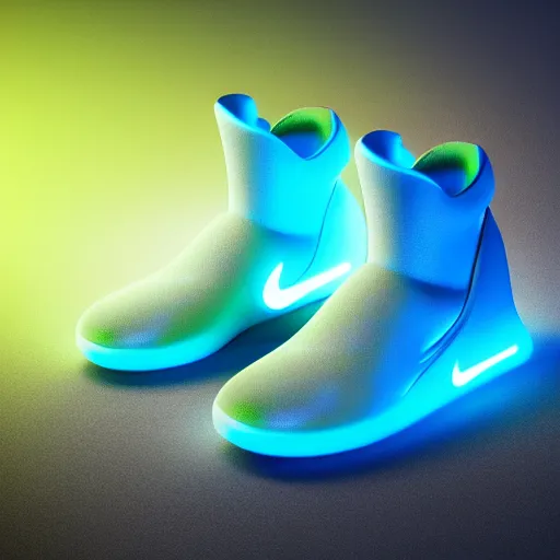 Image similar to nike mags, glow, neon, centered, designed by sawoozer, ultra detailed, artstation, akitipe studios, octane render 8 k, vray render 4 k, realistic