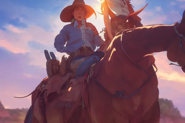 Image similar to western cowgirl, single subject, scenic full shot, ambient lighting, detailed face, by makoto shinkai, stanley artgerm lau, wlop, rossdraws