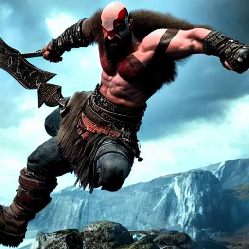 Image similar to kratos, with leviathan axe, jumping a black harley - davidson motorcycle off a cliff, cinematic render, playstation studios official media, god of war 2 0 1 8