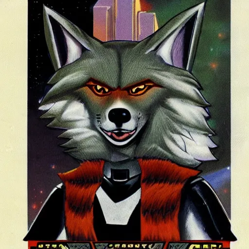 Image similar to 1 9 8 0 s video game art portrait of anthropomorphic wolf o'donnell from starfox fursona furry wolf in a dark space mercenary uniform, looking heroic, magazine scan, 8 0 s game box art, dark grey wolf o'donnell