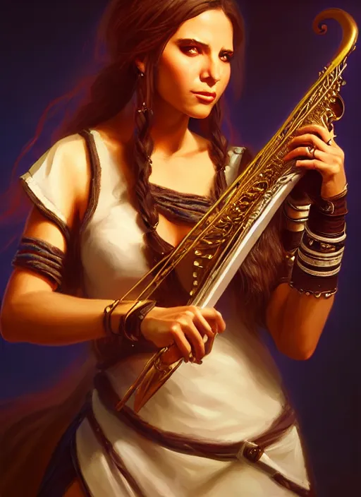 Image similar to a _ fantasy _ style _ portrait _ painting _ of islander female charismatic bard playing instrument, rpg dnd oil _ painting _ unreal _ 5 _ daz. _ rpg _ portrait _ extremely _ detailed _ artgerm _ greg _ rutkowski _ greg