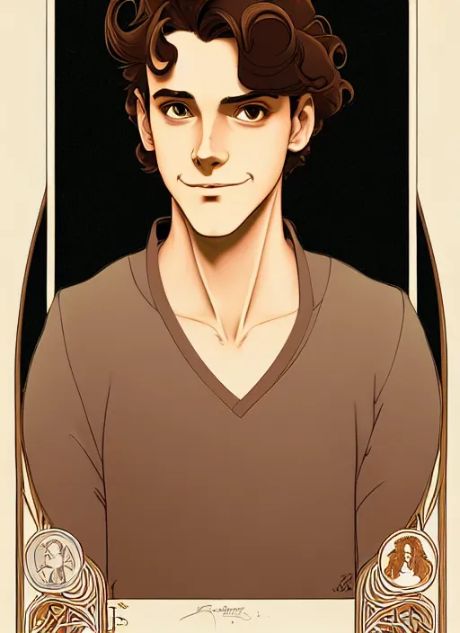 Image similar to art nouveau portrait of a handsome young man with medium length big mess of curly light brown hair, brown eyes, aloof, serious expression, t - shirt, modern casual clothing, natural lighting, path traced, highly detailed, high quality, cartoon, digital painting, by don bluth and ross tran and studio ghibli and alphonse mucha