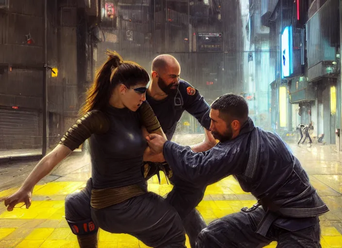 Prompt: jujitsu Maria defeats sgt Nash. Cyberpunk hacker wearing yellow fighting menacing police troopers (blade runner 2049, cyberpunk 2077). armbar. Orientalist portrait by john william waterhouse and James Gurney and Theodore Ralli and Nasreddine Dinet, oil on canvas. Cinematic, hyper realism, realistic proportions, dramatic lighting, high detail 4k