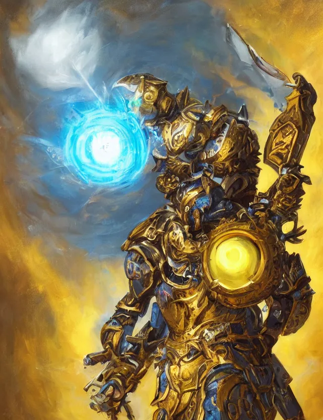 Prompt: full body, attack position abstract painting in lush fantasy environment of a ornate holy warforged with circular glowing eye, character in yellow armor holding a legendary paladin engraved holy great longsword and carrying a huge heavy paladin shield, vertically flat head, face in focus, epic , trending on ArtStation, masterpiece, cinematic lighting, by Delphin Enjolras and by Ruan Jia