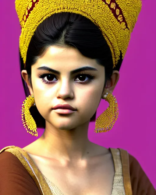 Prompt: portrait of beautiful anime female selena gomez, assamese, cute face, wearing a bihu mekhela sador costume, clean face, dead eyes, brown hair, symmetrical facial, artstation, character concept art, realistic, detailed face, realistic face, high detail, hyper-realistic, Octane render, Vray, Cinematic, photorealistic, 8k, 8k hd, hyper realistic, ultra HD, daz genesis iray