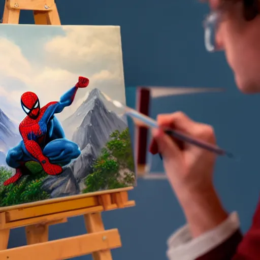 Image similar to a closeup photorealistic photograph of bob ross working on a canvas painting of spiderman. film still. brightly lit scene. mountains and trees. this 4 k hd image is trending on artstation, featured on behance, well - rendered, extra crisp, features intricate detail, epic composition and the style of unreal engine.