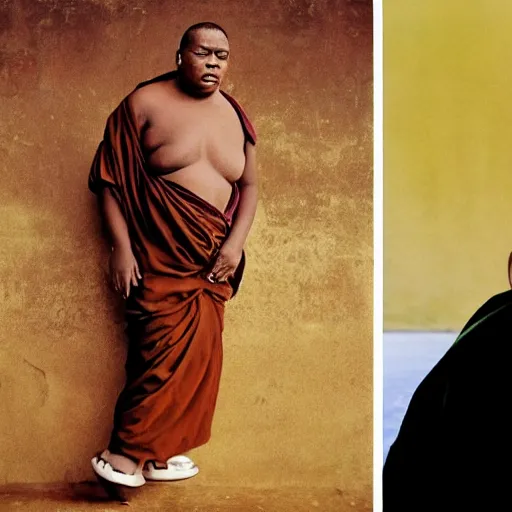 Image similar to in this detailed photography from Annie Leibovitz we can see the Notorious BIG, a buddhist monk who turned into the new Dalai Lama