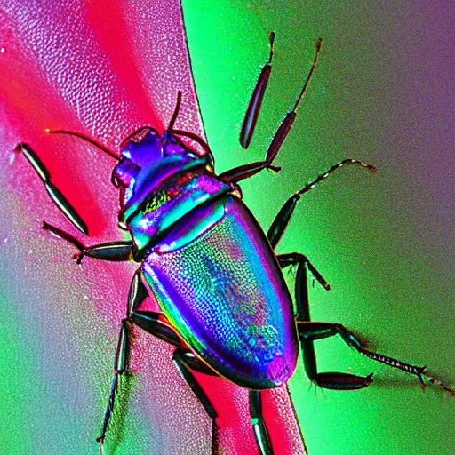 Image similar to color photoelectron microscope view of a colorful iridescent bug