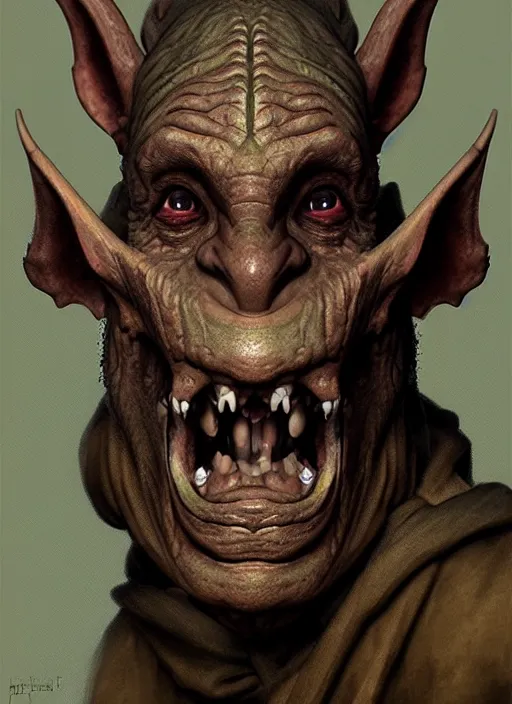 Image similar to profile portrait of a medieval goblin in the cloisters, beautiful face, hyper realistic, highly detailed, digital painting, artstation, illustration, concept art by hyung tae and frank frazetta, digital paint, matte paint, washed colors, dark, gloomy