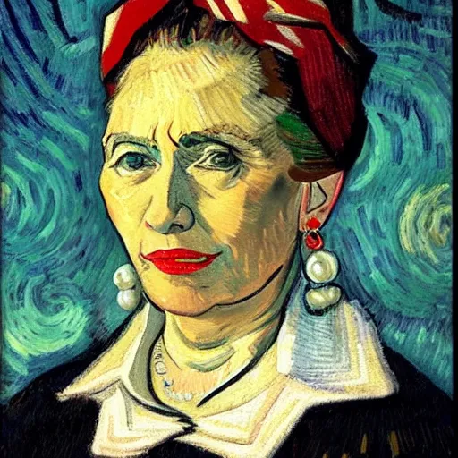 Image similar to detailed oil portrait of hillary clinton wearing pearl earrings, painted by van gogh