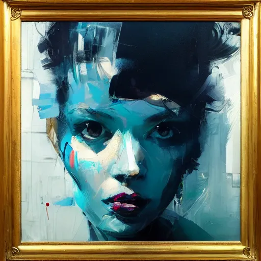 Image similar to portrait of beautiful girl, sensual dancing, ecstatic, techno party, shades of blue, by greg rutkowski, by jeremy mann, by francoise nielly