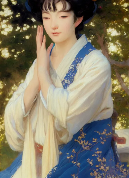 Image similar to detailed portrait of serene anime girl gwen wearing hanfu, closed eyes, natural light, painting by gaston bussiere, craig mullins, j. c. leyendecker