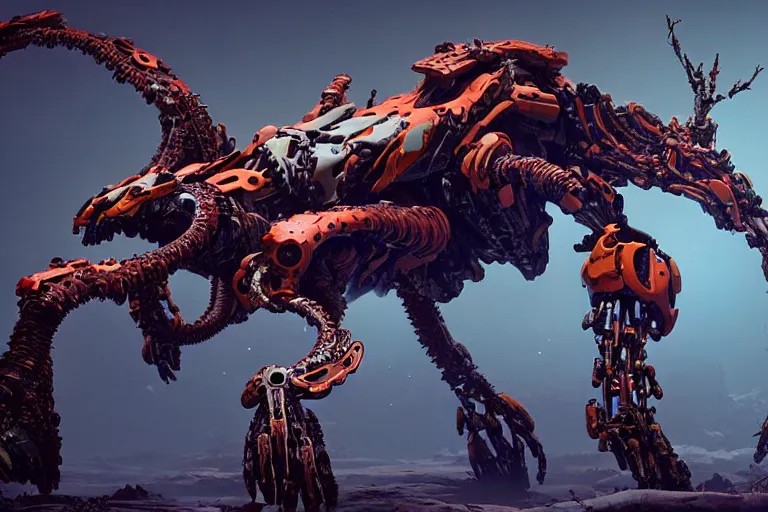 Image similar to a hyper detailed fanghorn evangelion realistic mechanical and organic creature similar look as horizon forbidden west horizon zero dawn, bioluminiscence in a dark deep forest at dawn in spring, with reflection and textures, by kilian eng, substance painter reaslitic mech surface metal painted scratches, world env from horizon forbidden west horizon zero dawn