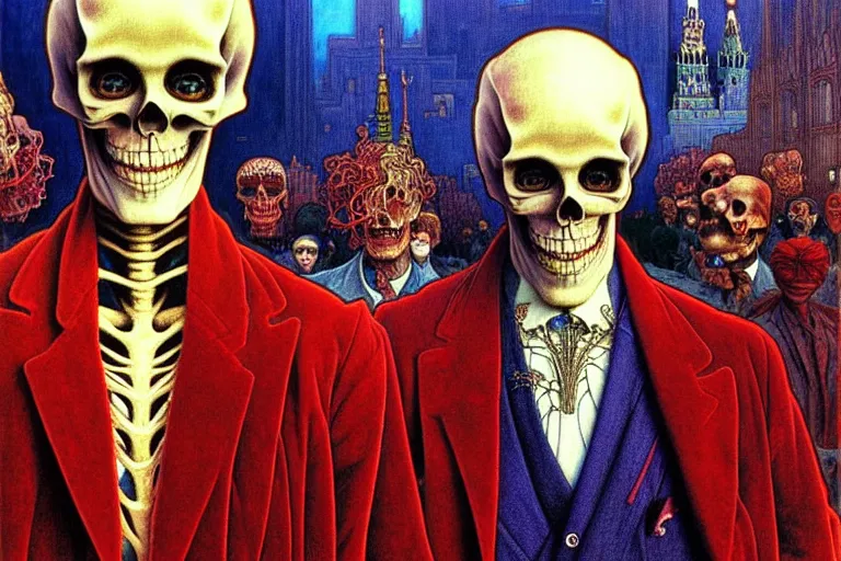 Image similar to realistic detailed closeup portrait painting of a single skeleton wearing red velvet blazer in a crowded futuristic moscow street by jean delville, amano, yves tanguy, alphonse mucha, ernst haeckel, edward robert hughes, roger dean, rich moody colours, blue eyes