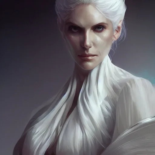 Image similar to ghostly lady, white hair, white clothes, full body, highly detailed, digital painting, concept art, artstation, sharp focus, by artgerm and greg rutkowski and alphonse mucha