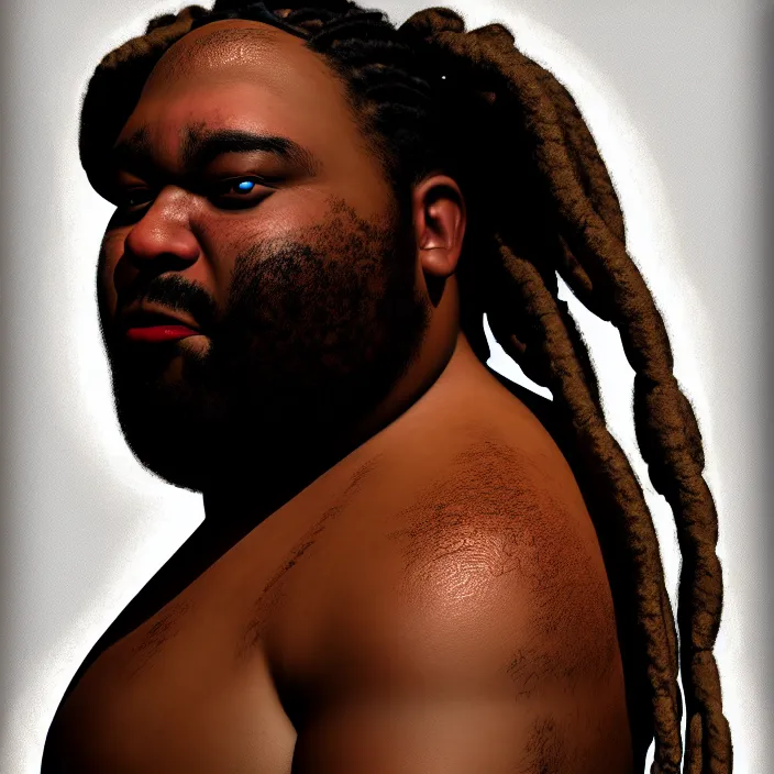 Image similar to hyperrealistic mixed media portrait of an overweight black man with dreads wearing a gi, doing martial arts, 8 k octane beautifully detailed render, post - processing, extremely hyperdetailed, trending on artstation