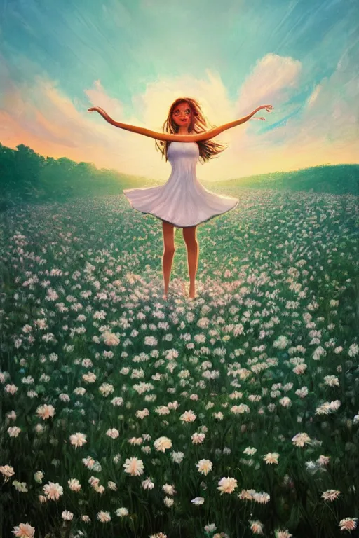 Image similar to giant white daisy flower face, girl dancing in a flower field, surreal photography, sunrise, dramatic light, impressionist painting, colorful clouds, digital painting, artstation, simon stalenhag