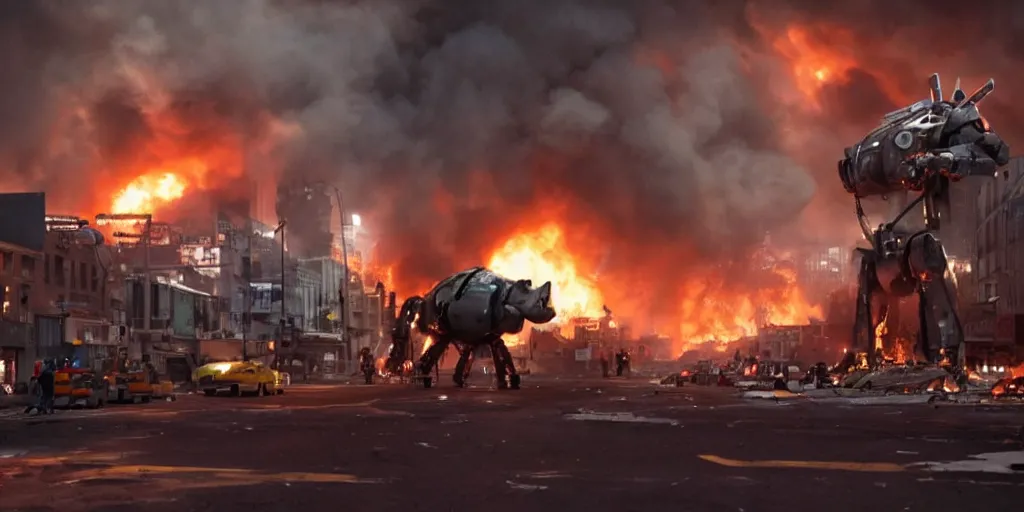 Image similar to movie still of a giant pig robot in the middle of a city on fire