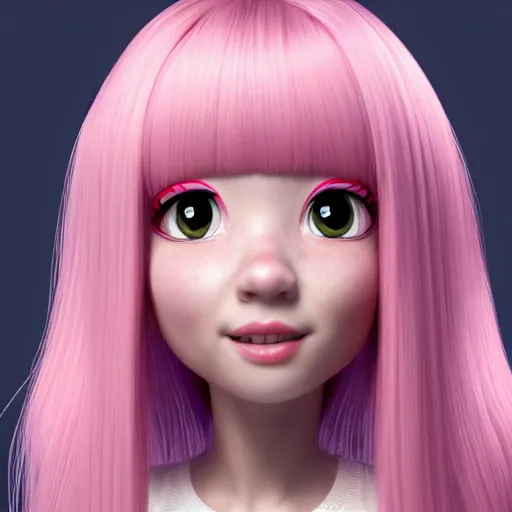 Image similar to A portrait of Nikki from Shining Nikki and Love, a cute 3d cgi toon young woman with long light pink hair, full bangs, hazel eyes, full face, light makeup, pale skin, Chinese heritage, cute outfit, medium shot, mid-shot, hyperdetailed, 8k, trending on artstation, as a Pixar character