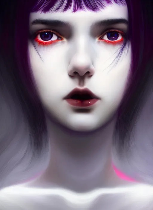 Image similar to portrait of teenage girl, red irises, red eyes, black hair, black and white hair, white bangs, purple clothes, white bangs, bangs, black hair and white bangs, intricate, elegant, glowing lights, highly detailed, digital painting, artstation, concept art, smooth, sharp focus, illustration, art by wlop, mars ravelo and greg rutkowski