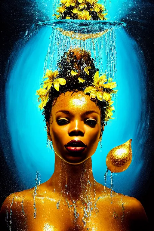 Prompt: hyperrealistic post - futurist cinematic profile very expressive! black oshun goddess, in water! up to shoulders, mirror dripping droplet!, gold flowers, highly detailed face, digital art masterpiece, smooth eric zener cam de leon, dramatic pearlescent turquoise light on one side, low angle uhd 8 k, shallow depth of field