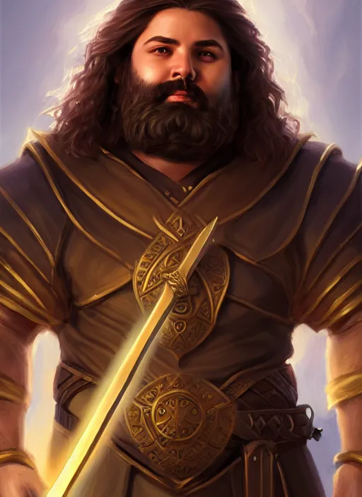 Image similar to a _ fantasy _ style _ portrait _ painting _ of esfandtv light brown male holy paladin with long wavy brown hair chubby and beard, hammer weapon, rpg dnd oil _ painting _ unreal _ 5 _ daz. _ rpg _ portrait _ extremely _ detailed _ artgerm _ greg _ rutkowski _ greg