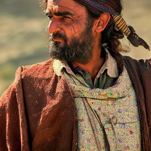 Image similar to Close up of a Kurdish shepherd wearing Kurdish clothes in a movie directed by Christopher Nolan, movie still frame, promotional image, imax 70 mm footage