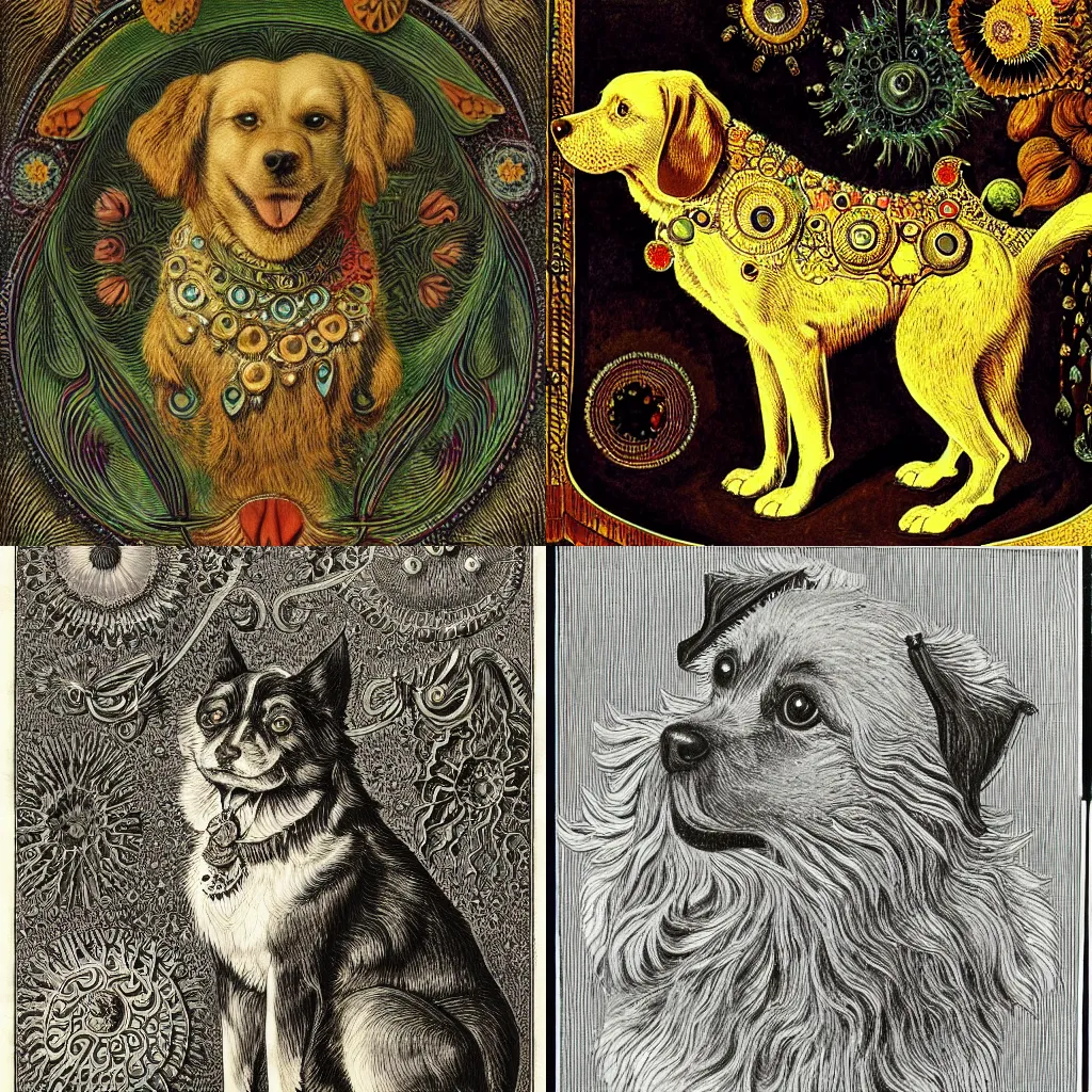 Prompt: dog by louis wain and ernst haeckel